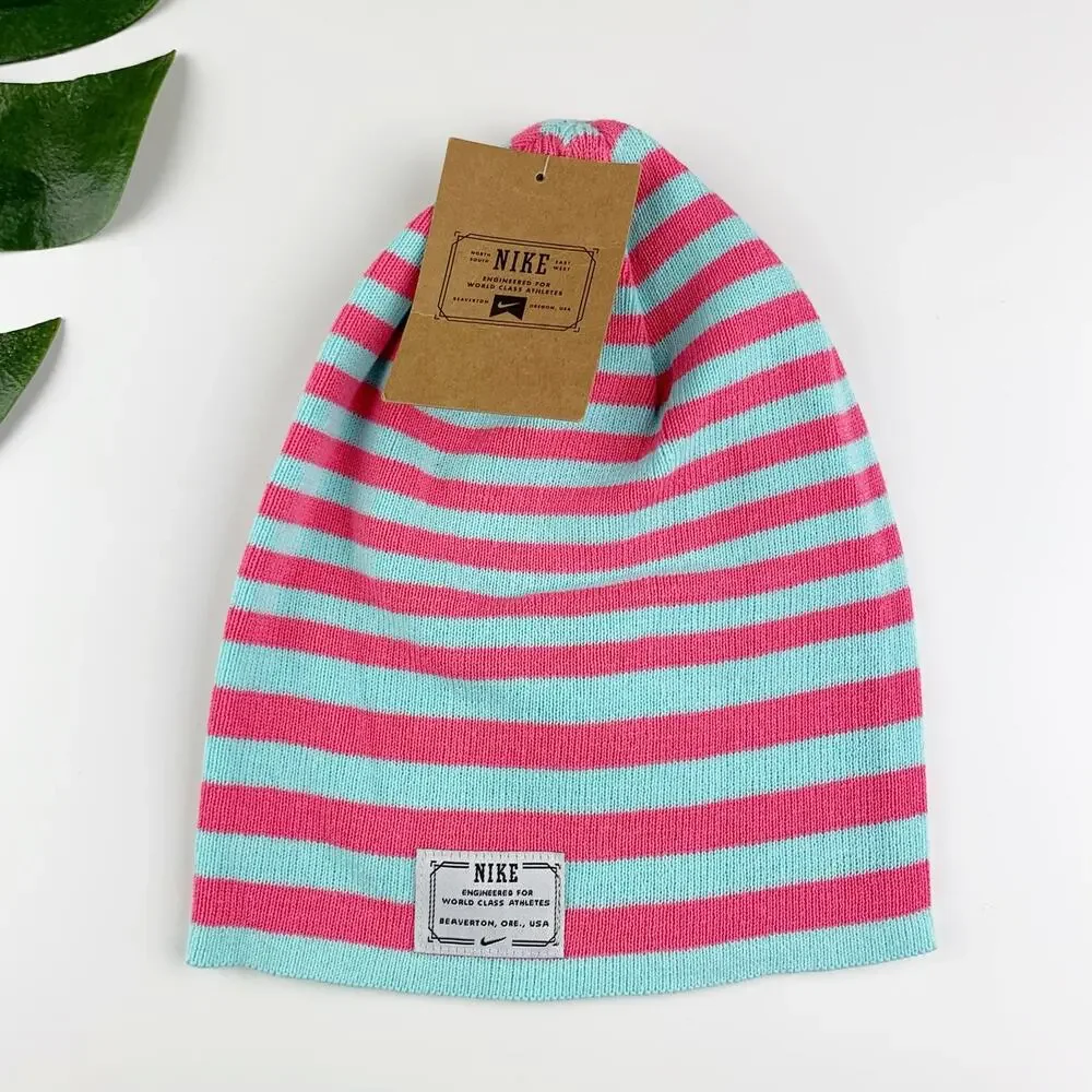 Bundle Lot New Nike Beanies Pink Blue Stripe Cotton Knit Kids Youth One Size